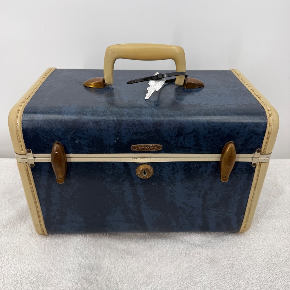 Vtg Samsonite Train Case Makeup Suitcase Blue Hard Shell Mid Century Luggage
